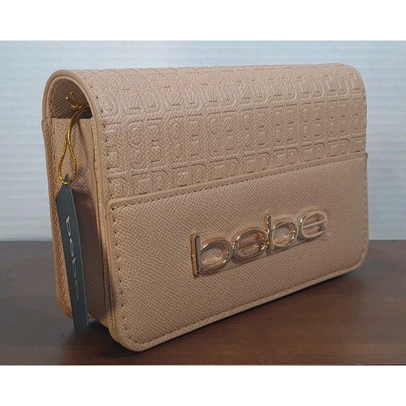 NWT Bebe Zuri Crossbody Purse Bag Almond Color Gold Logo Women's Small E02-4497E - Picture 7 of 11